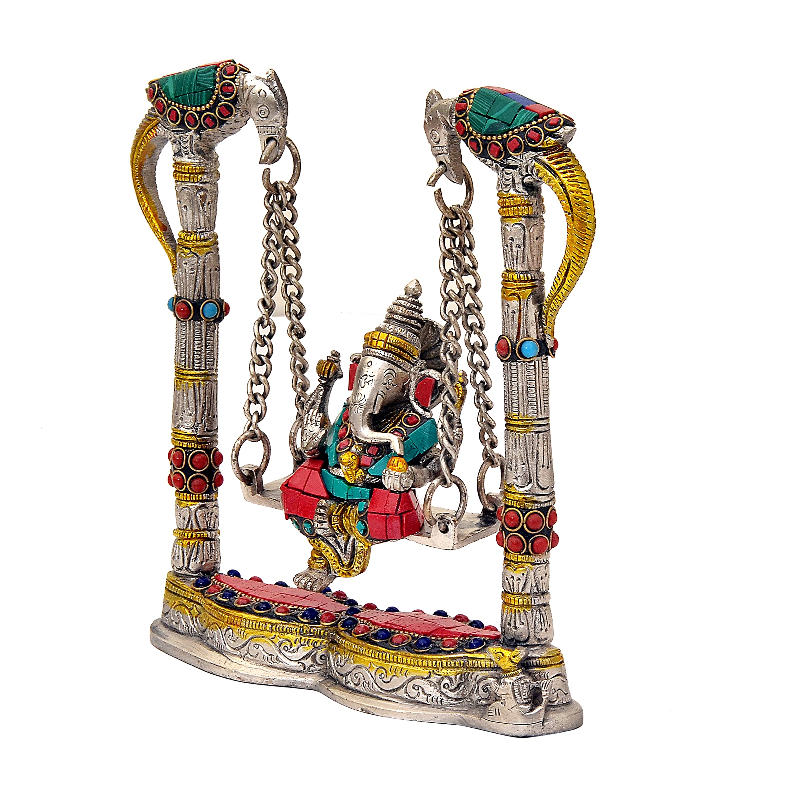 Aona Lord Ganesha On A Swing Jhula Brass Statue Idol, Height : 8 Inch